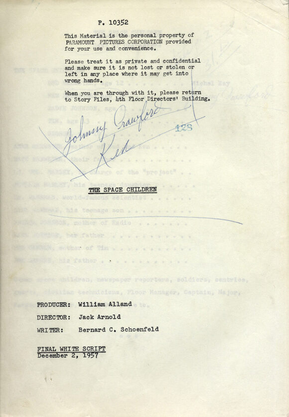 SPACE CHILDREN, THE (Dec 2, 1957) Final White script by Bernard Schoenfeld, signed by Johnny Crawford