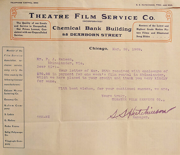 Collection of eleven (11) typed signed letters from film distributors to a small-town movie theater (1909-16)