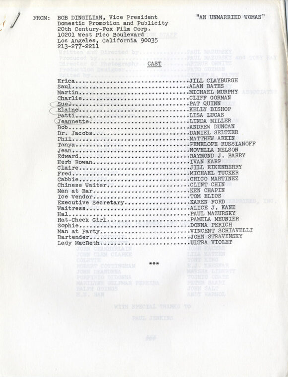 AN UNMARRIED WOMAN (1978) Press kit