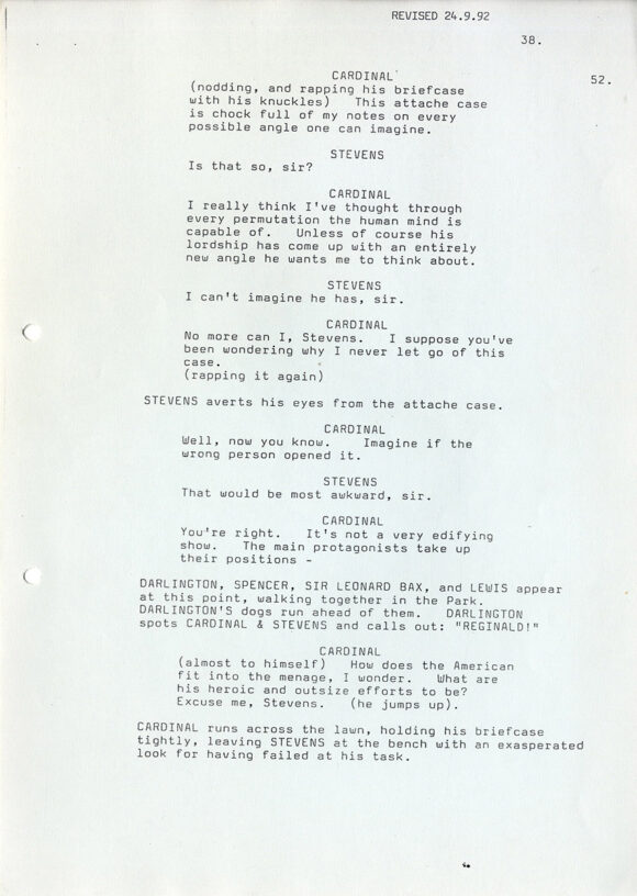 REMAINS OF THE DAY, THE (Aug 1992) Third Draft script by Harold Pinter, Ruth Prawer Jhabvala