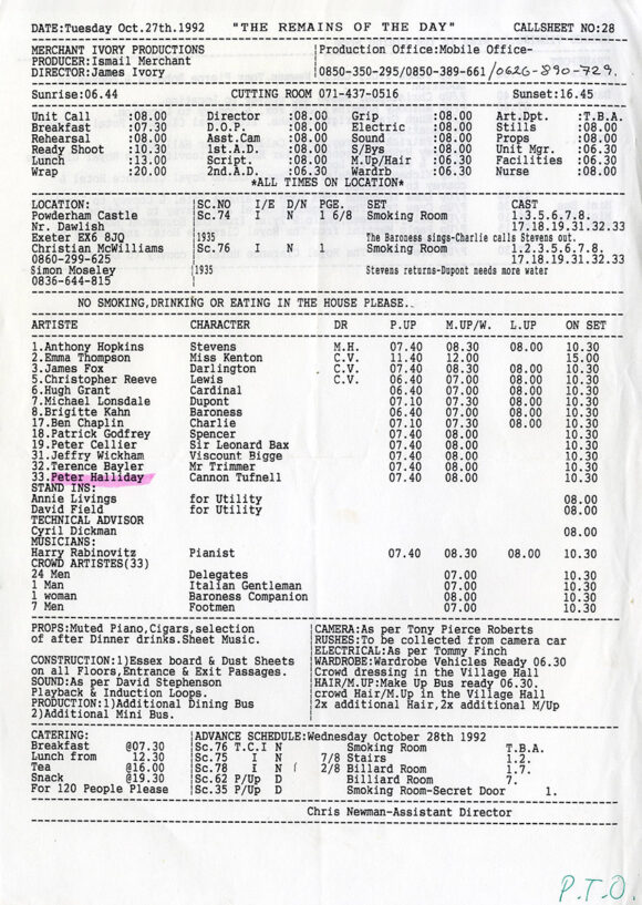 REMAINS OF THE DAY, THE (Aug 1992) Third Draft script by Harold Pinter, Ruth Prawer Jhabvala