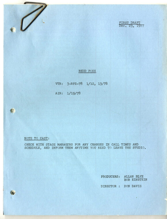 REDD FOXX (Dec 23, 1977) First draft TV script