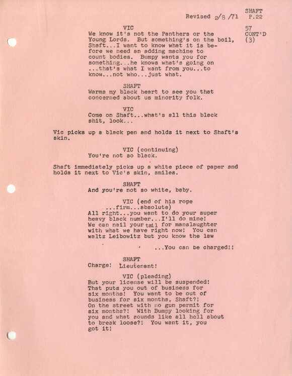 SHAFT (Jan 13, 1971) Film script by Ernest Tidyman, John D. F. Black