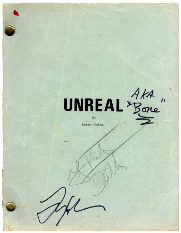 BONE [under working title UNREAL] (1972) Shooting script signed by writer/director Larry Cohen