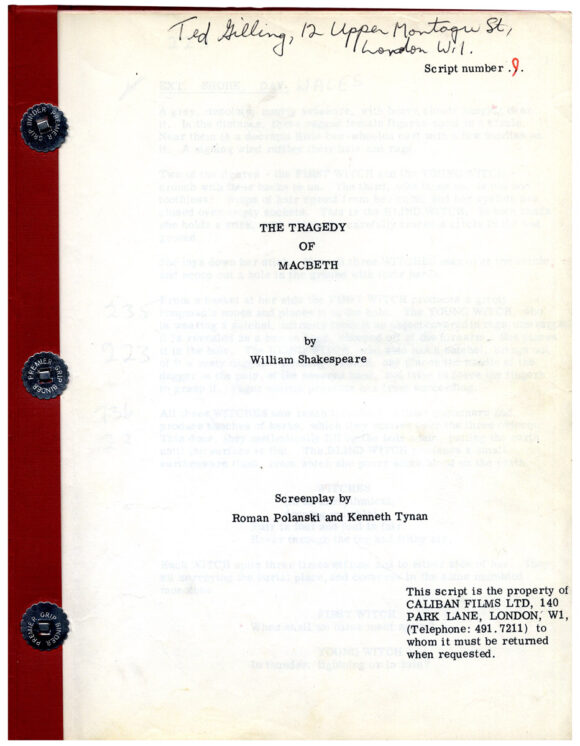 TRAGEDY OF MACBETH, THE (1971) Screenplay by Roman Polanski and Kenneth Tynan