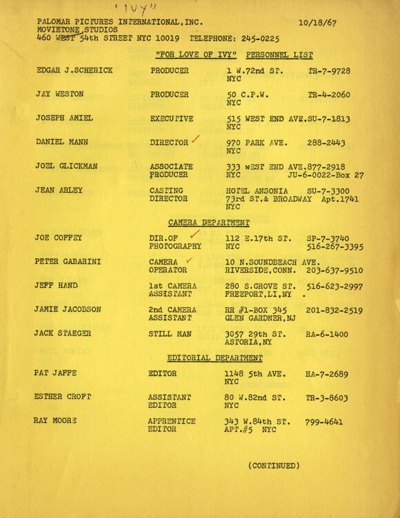 FOR LOVE OF IVY (Sep 26, 1967) Screenplay by Robert Alan Aurthur, Screen Story by Sidney Poitier