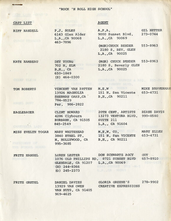 ROCK 'N' ROLL HIGH SCHOOL (1978) Film script by Richard Whitley and Russ Dvonch, Final Draft dated 10/5/78