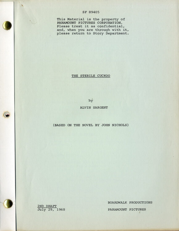 STERILE CUCKOO, THE (Jul 29, 1969) 2nd Draft film script by Alvin Sargent, Based on the Novel by John Nichols - Image 2