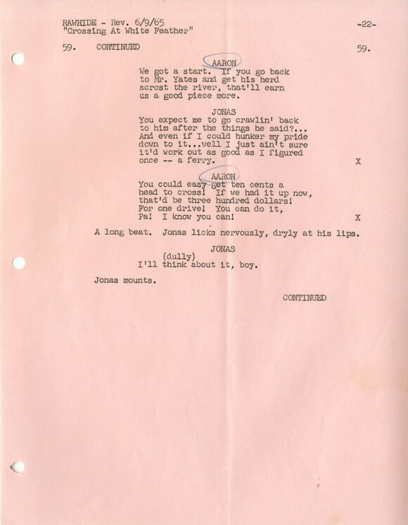 RAWHIDE - "CROSSING AT WHITE FEATHER" (Jun 4, 1965) TV script