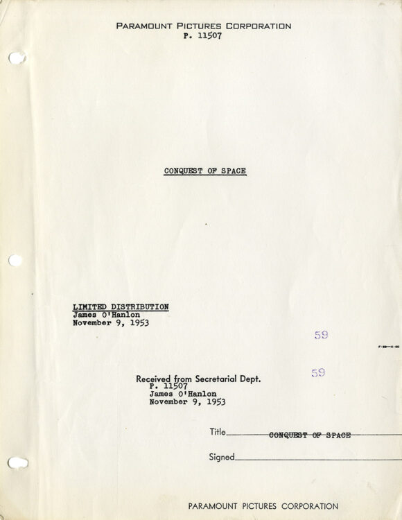 CONQUEST OF SPACE (Nov 9, 1958) Film script by James O'Hanlon