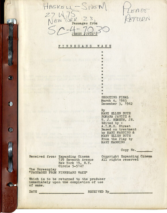 James Joyce (source) PASSAGES FROM JAMES JOYCE'S FINNEGANS WAKE (1963) Final Shooting script