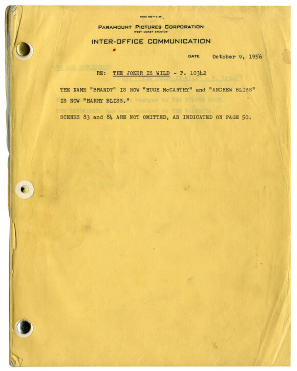 THE JOKER IS WILD (Oct 9, 1956) Screenplay by Oscar Saul