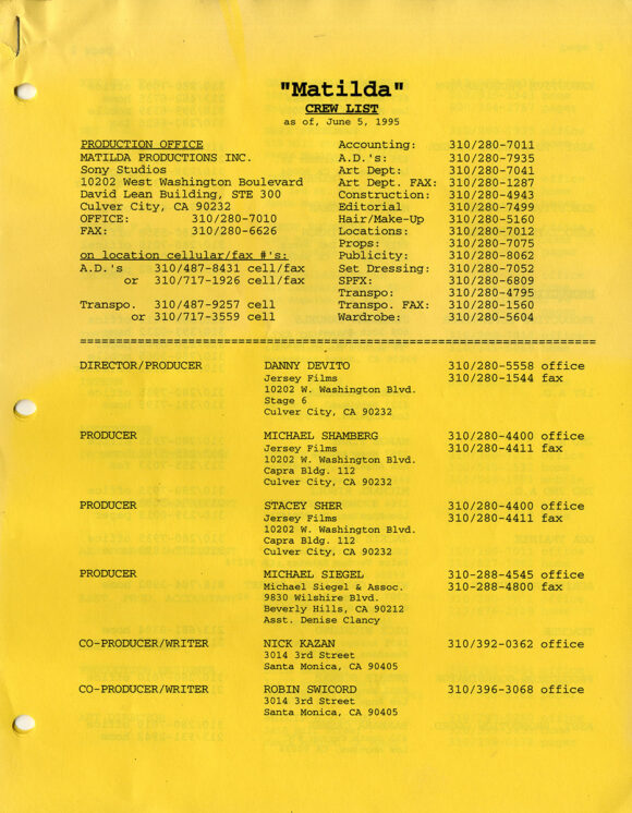 MATILDA (Apr 1995) Fourth draft screenplay by Nicholas Kazan, Robin Swicord