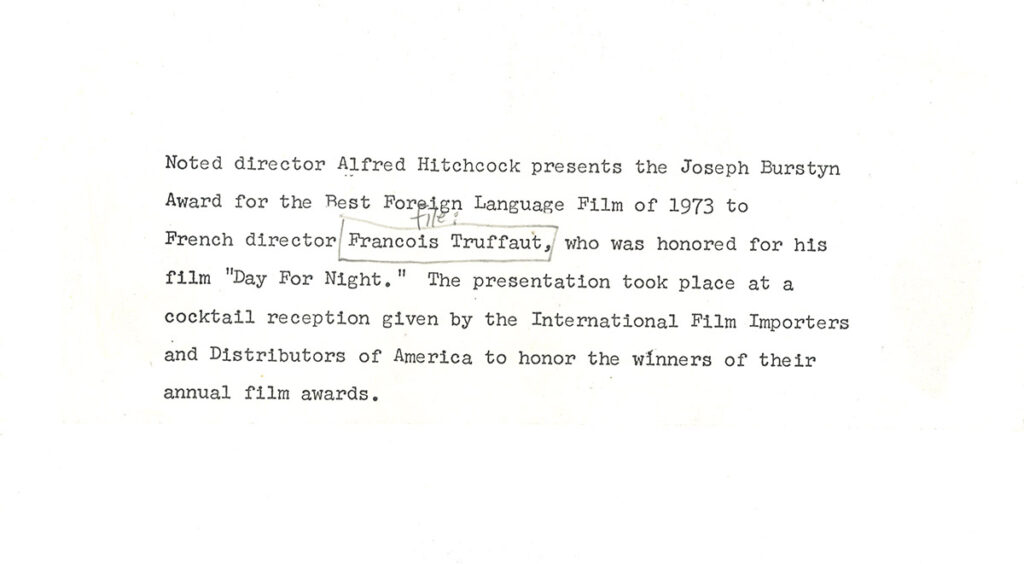 ALFRED HITCHCOCK PRESENTS AWARD TO FRANÇOIS TRUFFAUT (1974) Photo