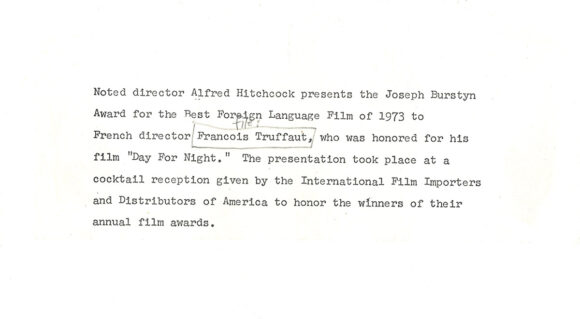 ALFRED HITCHCOCK PRESENTS AWARD TO FRANÇOIS TRUFFAUT (1974) Photo