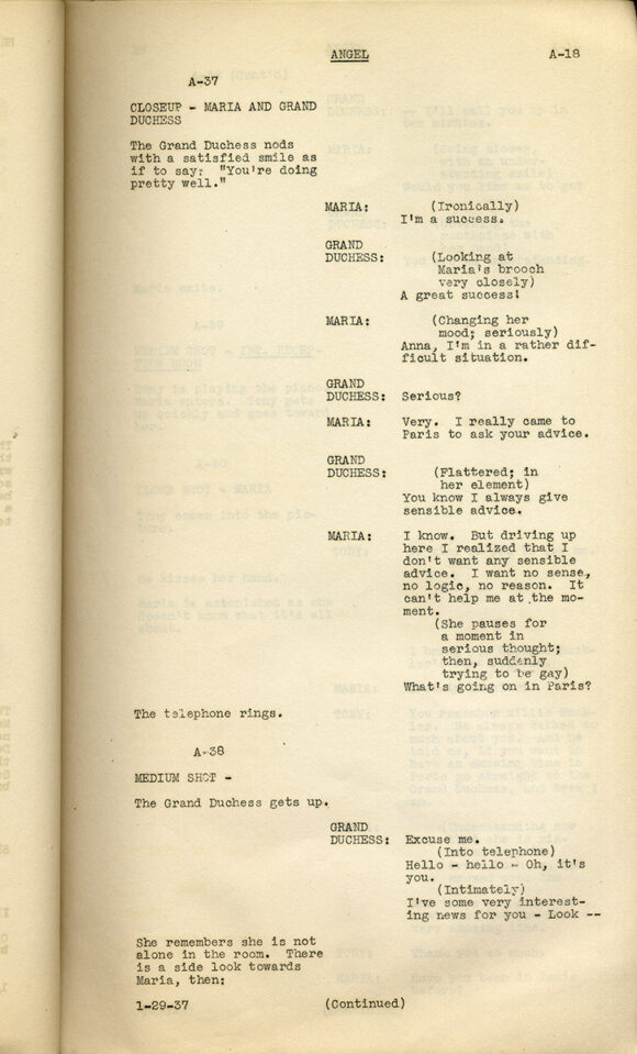 ANGEL (1937) Revised draft film script