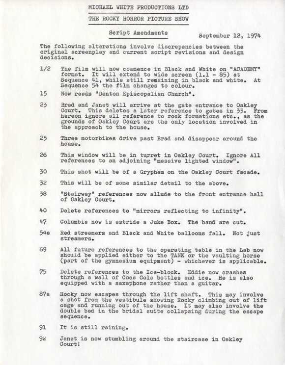 THE ROCKY HORROR PICTURE SHOW (Jul 18, 1974) Film script