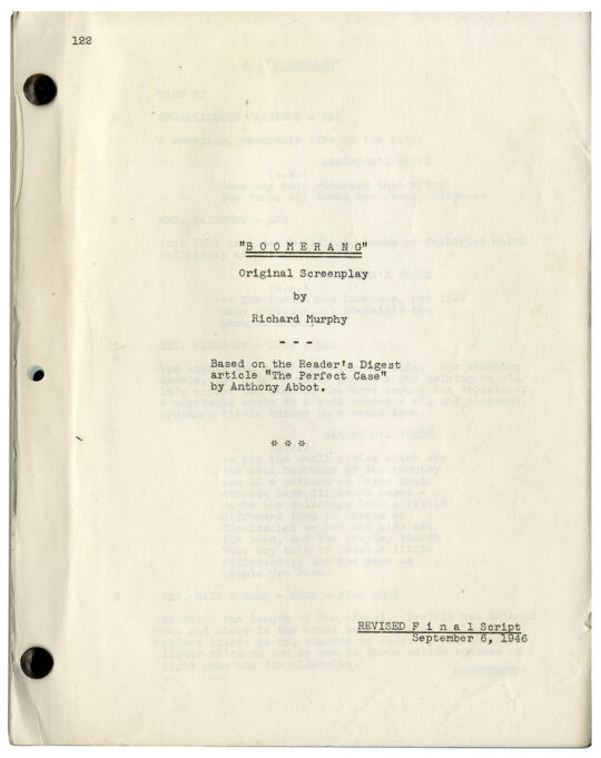 (Film noir) BOOMERANG (1946) Revised film script by Richard Murphy