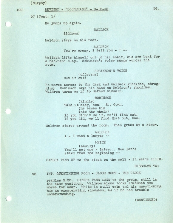 (Film noir) BOOMERANG (1946) Revised film script by Richard Murphy