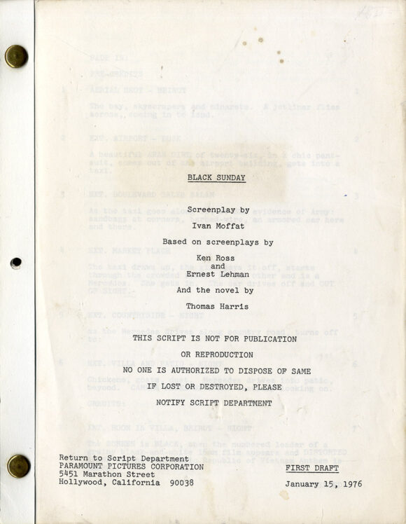 John Frankenheimer (director) BLACK SUNDAY (Jan 15, 1976) First draft film script