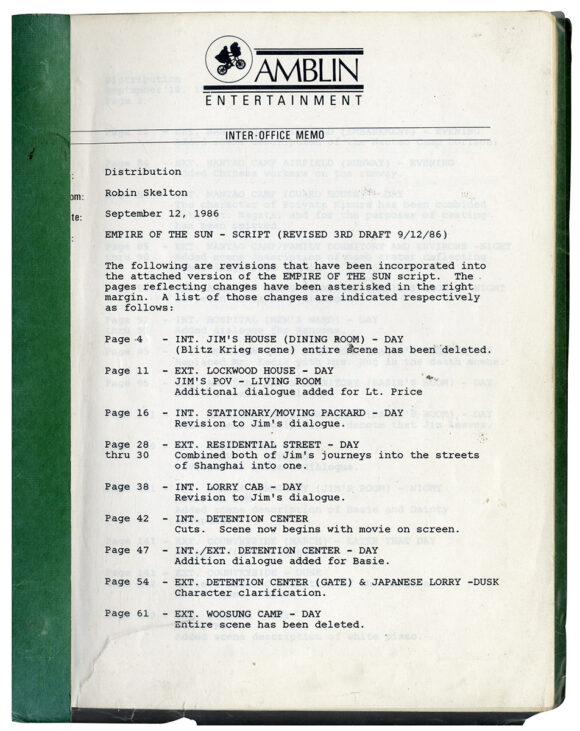 J. G. Ballard (source), Tom Stoppard, Menno Meyjes (screenplay), Steven Spielberg (director) EMPIRE OF THE SUN (Sep 12, 1986) Revised Third Draft screenplay