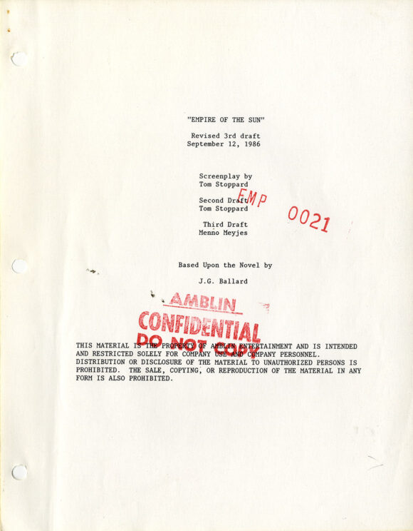 J. G. Ballard (source), Tom Stoppard, Menno Meyjes (screenplay), Steven Spielberg (director) EMPIRE OF THE SUN (Sep 12, 1986) Revised Third Draft screenplay - Image 2