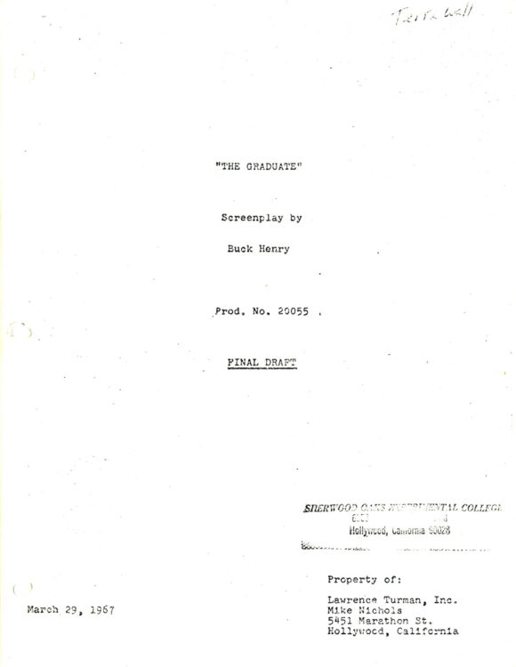 GRADUATE, THE (Mar 29, 1967) Final draft screenplay and bound set of breakdown sheets - Image 2